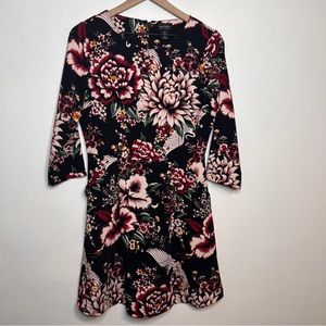 Nicole Miller 3/4 sleeve Floral Crane Black Red Pink Midi Dress Size 6